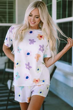 image-Pink Flower Print Short Sleeve High Waist Two Piece Shorts Set