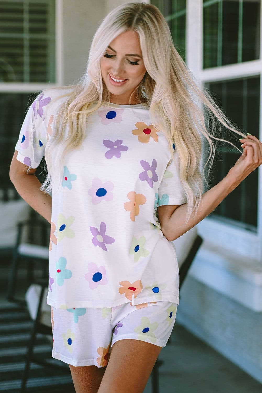 image-Pink Flower Print Short Sleeve High Waist Two Piece Shorts Set