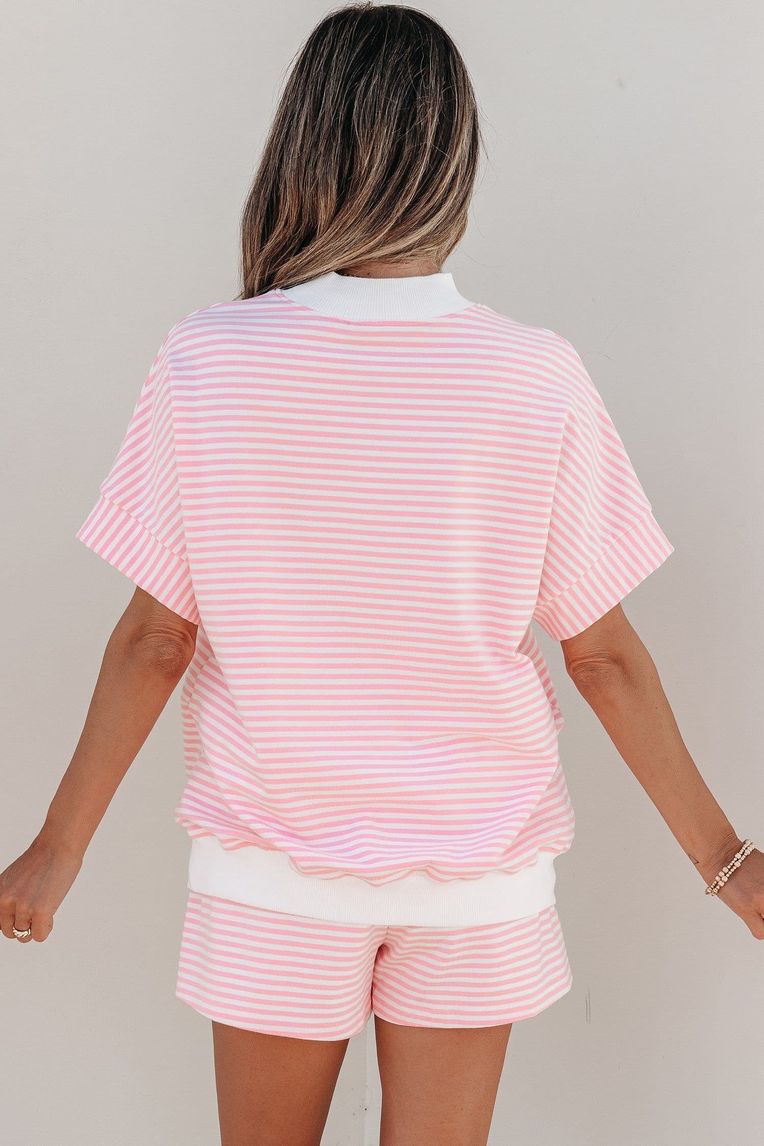 image-Sky Blue Stripe Cuffed Sleeve Contrast Mock Neck Tee Casual 2pcs Short Set