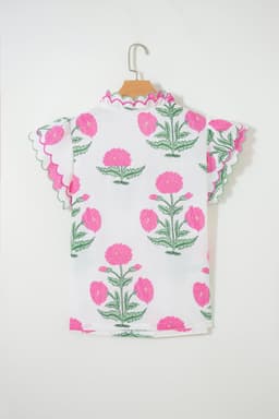 image-Blue Wild Flower Print Contrast Trim Scallop Detail Short Sleeve Blouse