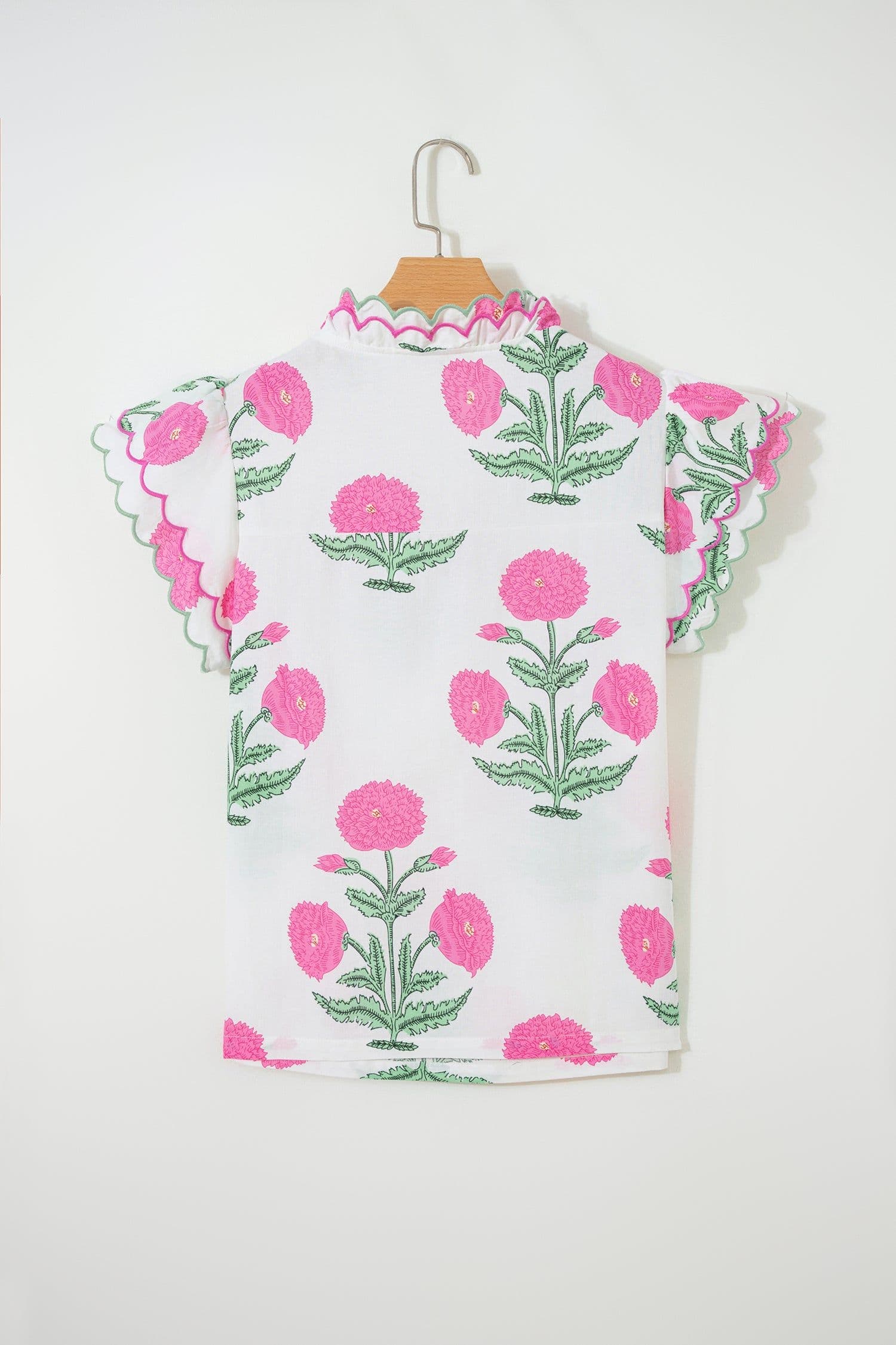 image-Blue Wild Flower Print Contrast Trim Scallop Detail Short Sleeve Blouse