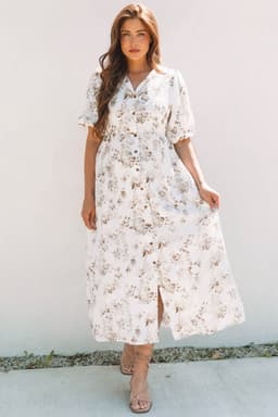 image-Khaki Floral Puff Sleeve V Neck Maxi Dress