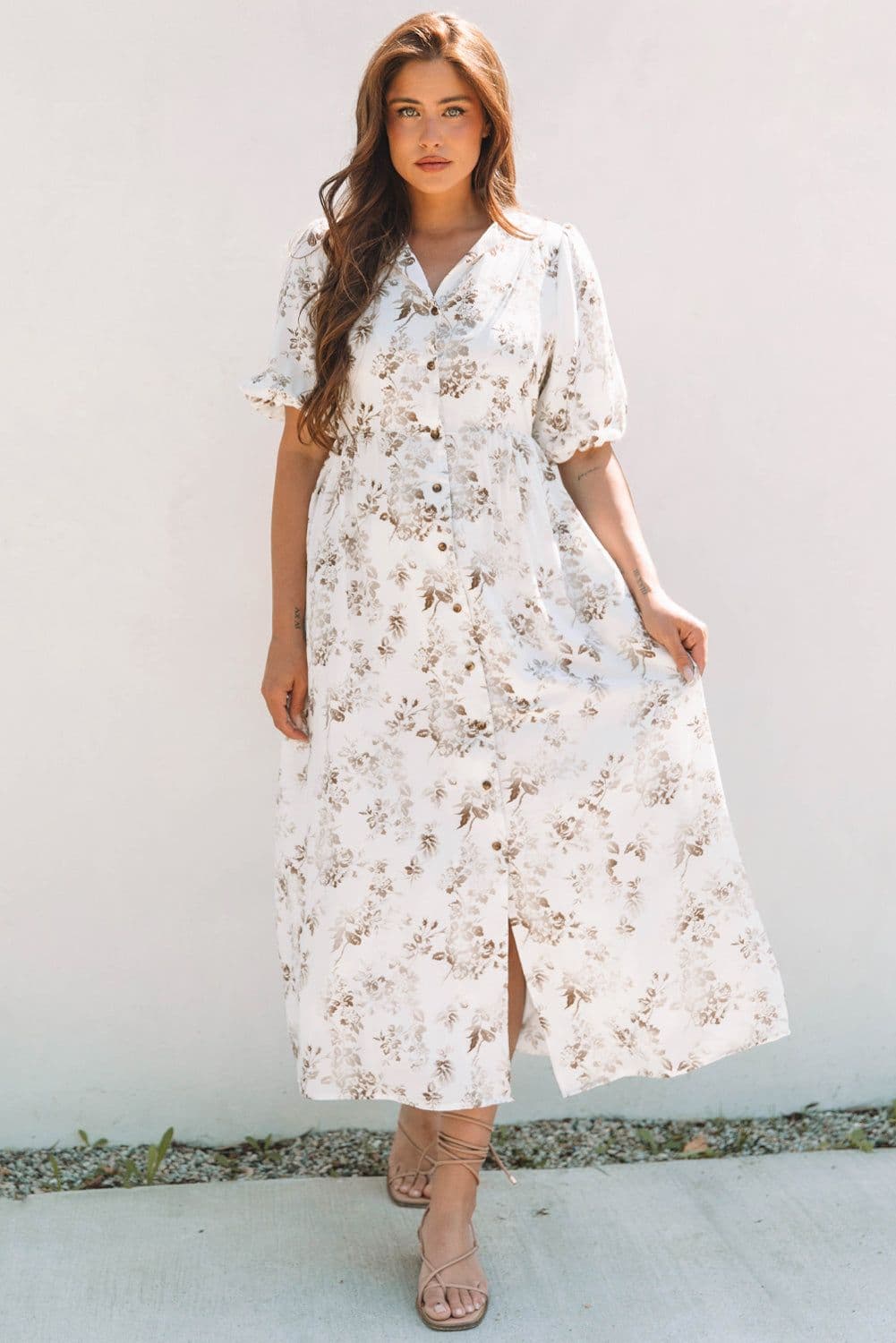 image-Khaki Floral Puff Sleeve V Neck Maxi Dress