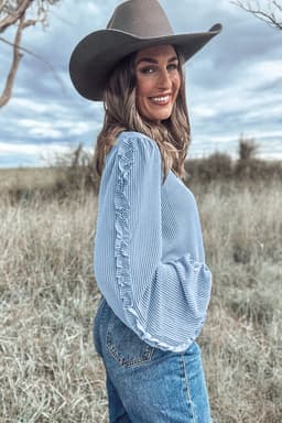 image-Mist Blue Puff Sleeve Corded Blouse with Frilly Detail (56 characters)