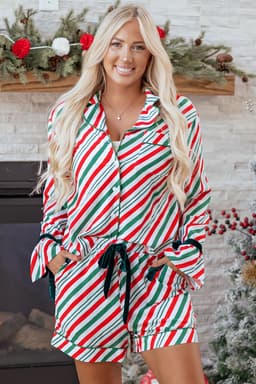 image-Green Stripe Contrast Velvet Ribbon Knot Christmas 2pcs Pajama Set