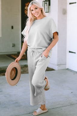 image-Strawberry Pink Textured Loose Fit T Shirt and Drawstring Pants Set
