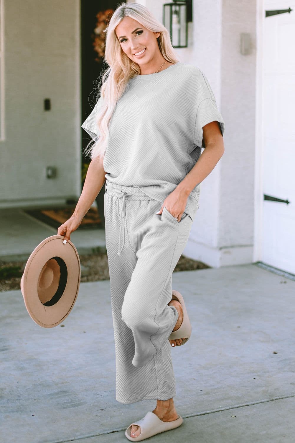 image-Strawberry Pink Textured Loose Fit T Shirt and Drawstring Pants Set