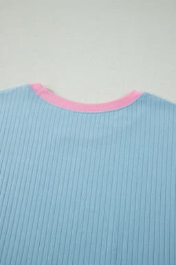 image-Aqua Soft Ribbed Color Block Trim Casual Shorts Set