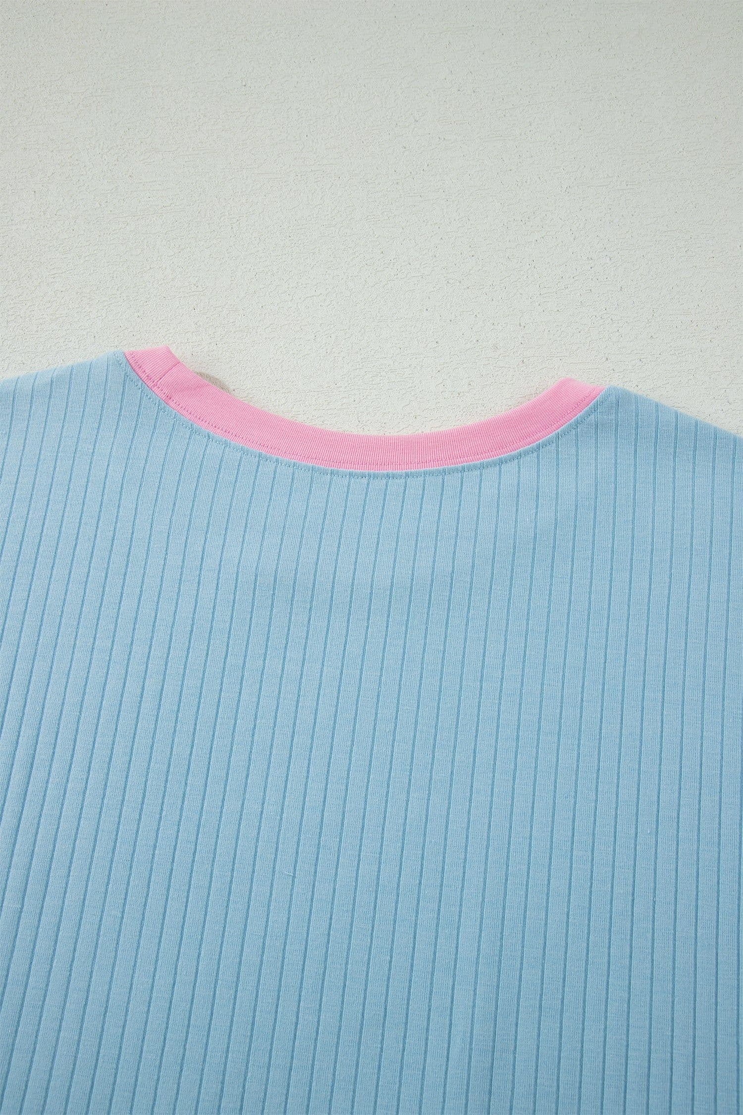image-Aqua Soft Ribbed Color Block Trim Casual Shorts Set