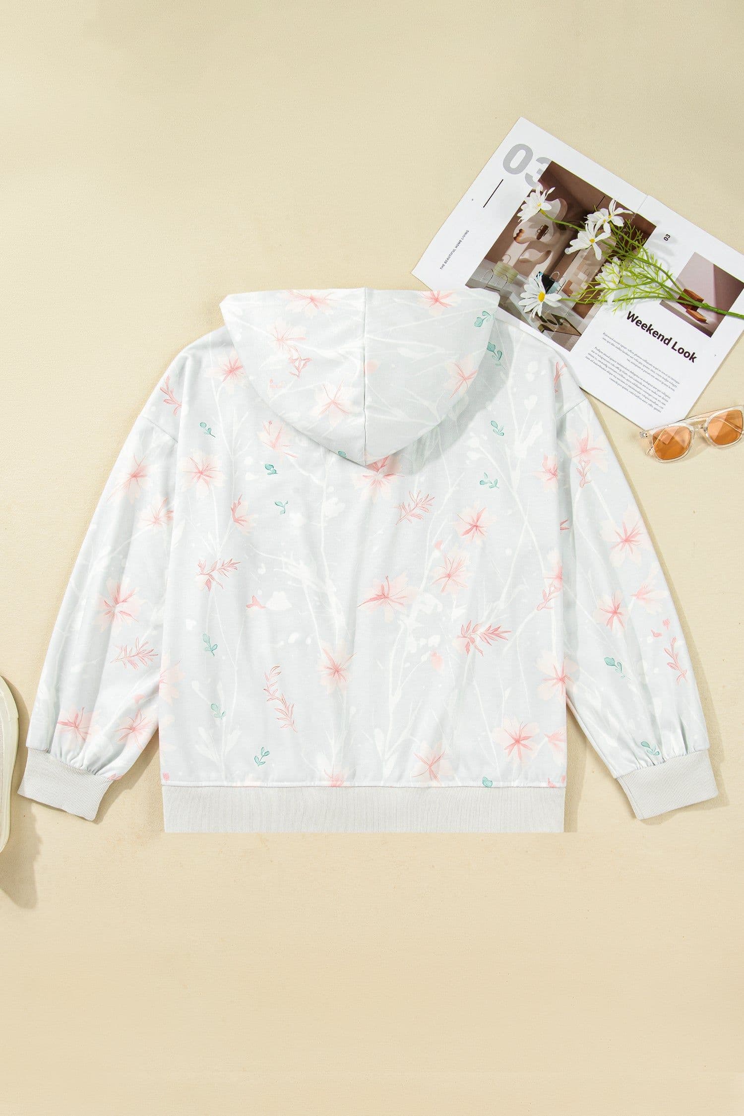 image-Gray Floral Print Plus Size Loose Hoodie