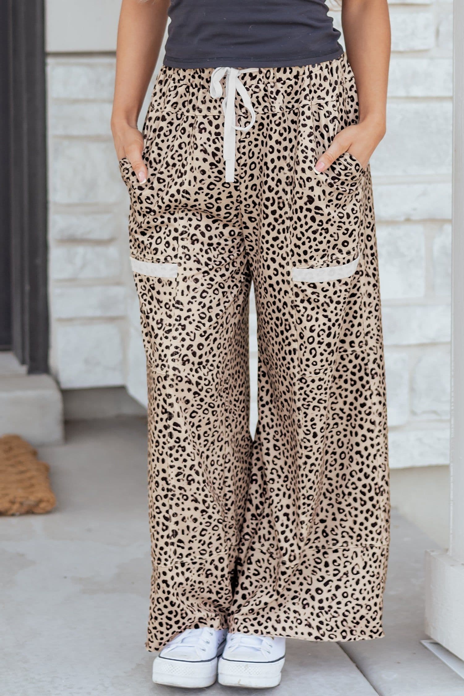 image-Khaki Animal Print Wide Leg Terry Knit Pants