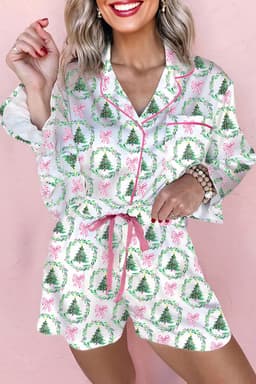image-White Christmas Pajama Set - Velvet Trim Bow Knot
