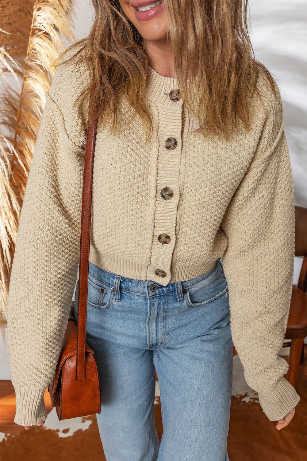 image-Beige Button Front Cropped Cardigan Sweater