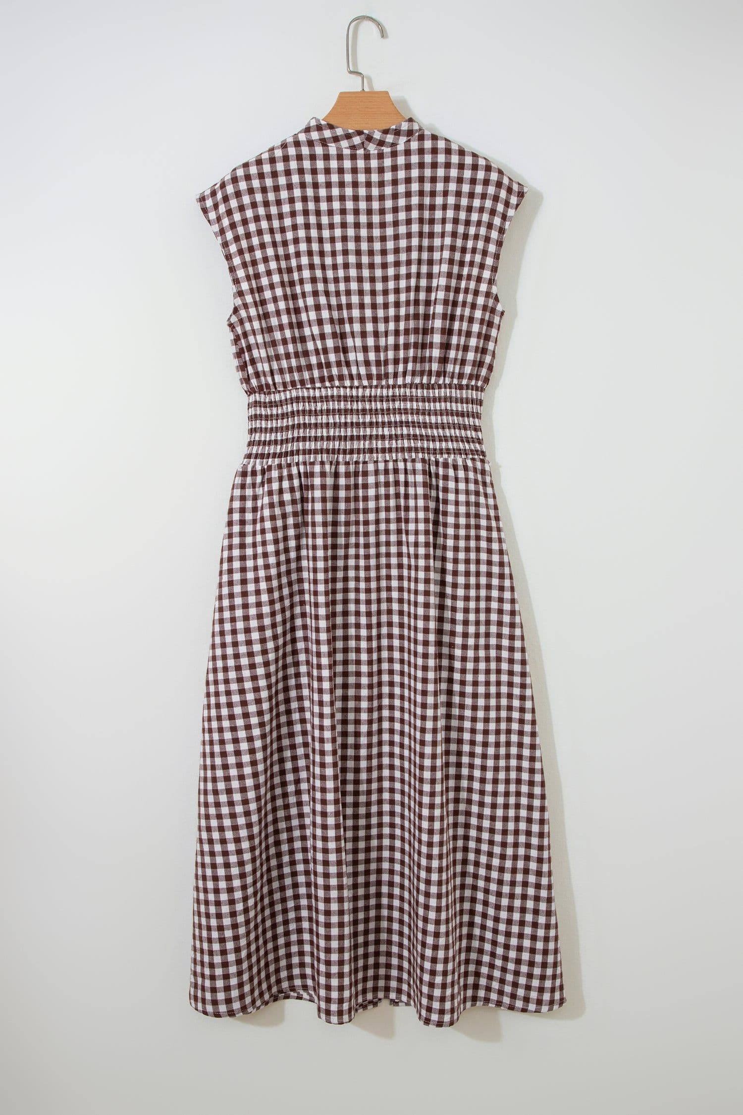 image-Coffee Plaid Print Full Zipper Cinched Waist Fit Flare Sleeveless Maxi Dress