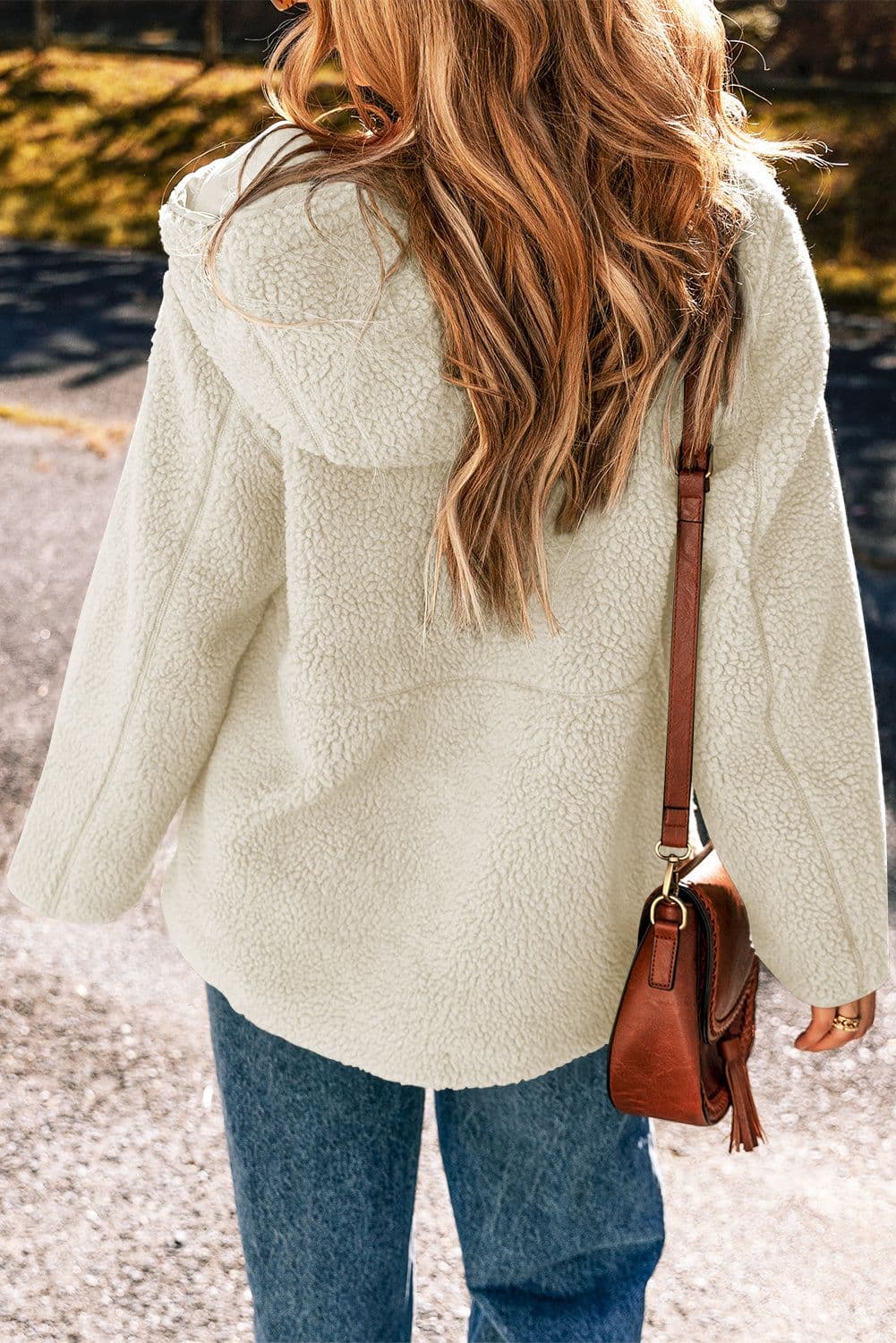 image-Beige Fleece Zip-Up Hooded Jacket with Pockets (58 characters)