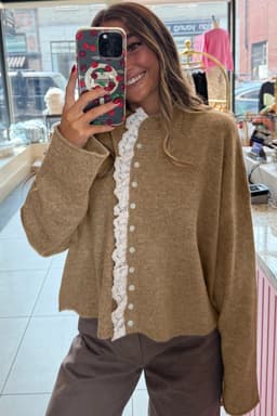 image-Simply Taupe Cardigan Sweater - Lace Trim Loose Fit