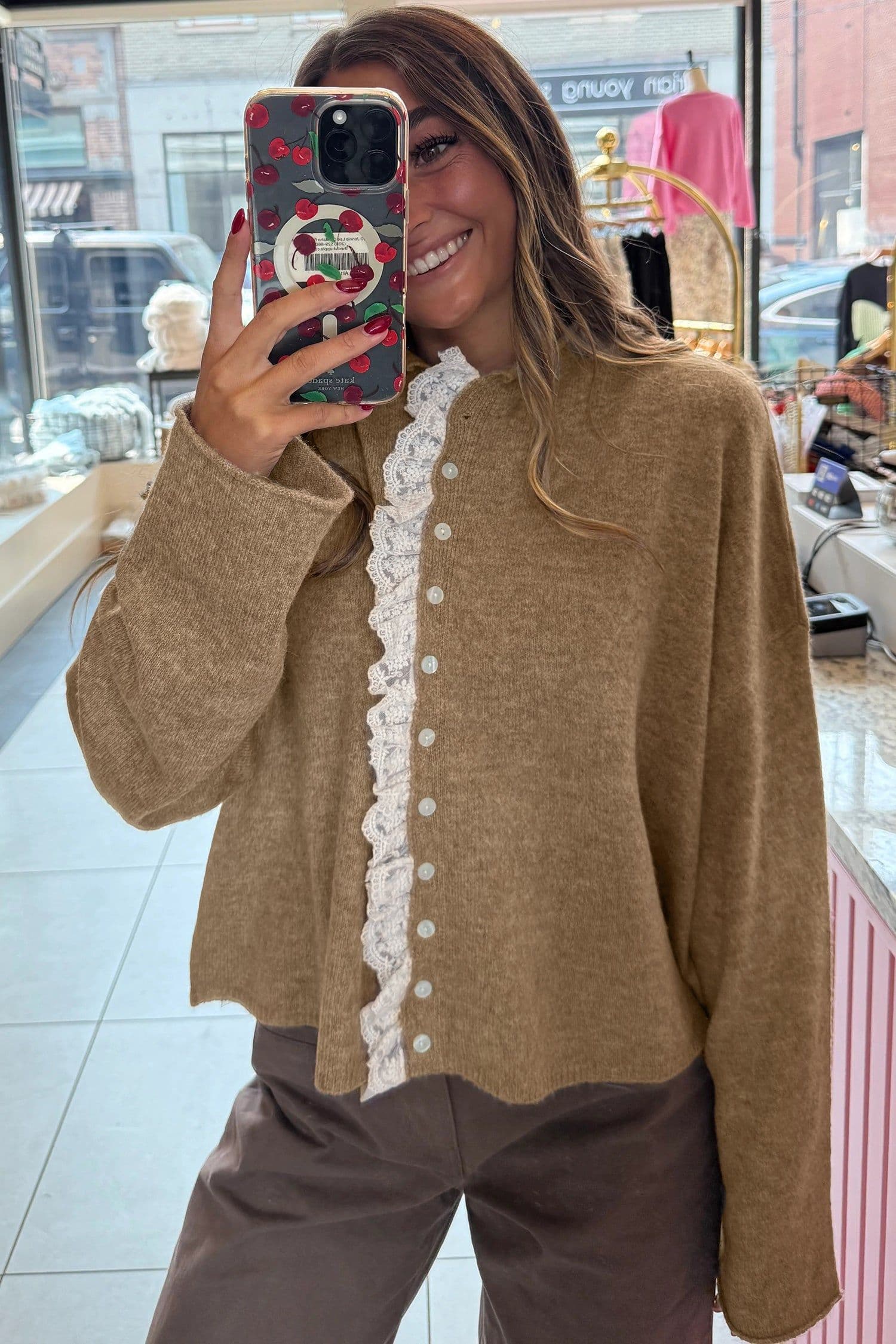 image-Simply Taupe Cardigan Sweater - Lace Trim Loose Fit