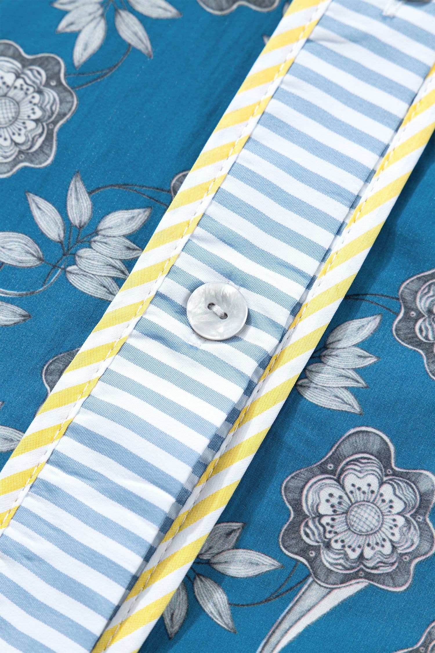 image-Blue Plus Size Floral Print Striped Patchwork Detail Button Front Ruffle Hem Dress