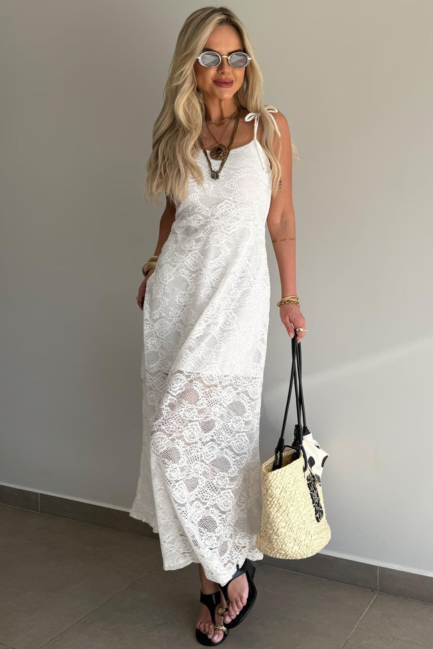 image-White Tie Spaghetti Straps Floral Lace Overlay Long Dress
