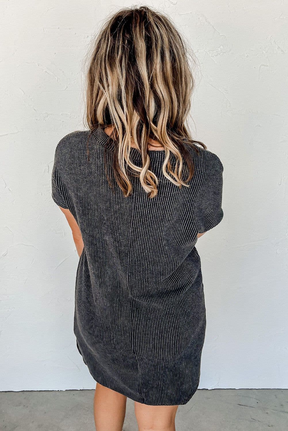 image-Blue Striped Ribbed Knit T-Shirt Shift Dress, Size Chart, Loose Fit, Fashionable Patch Pocket
