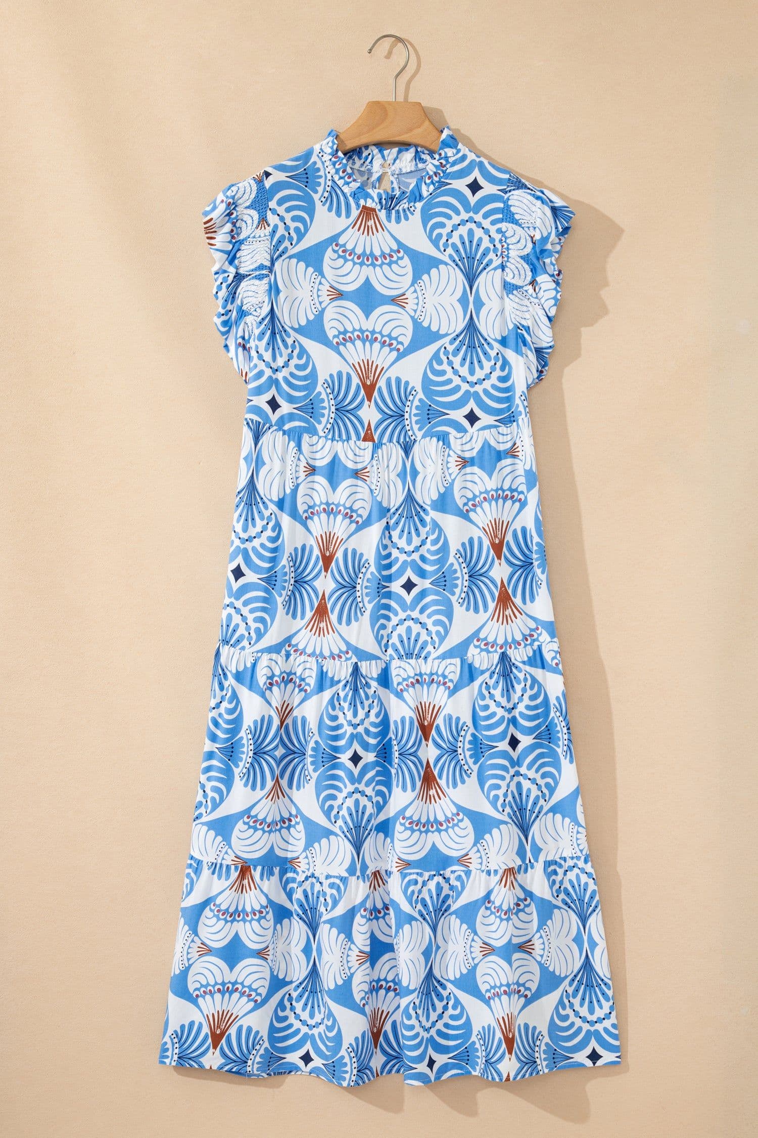 image-Sky Blue Tropical Botanic Print Flutter Sleeve Vacation Long Dress