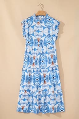 image-Sky Blue Tropical Botanic Print Flutter Sleeve Long Dress