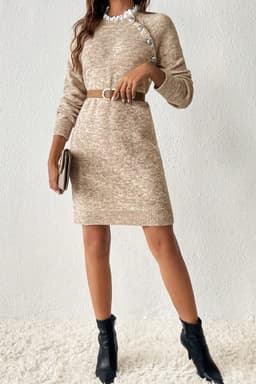image-Parchment Button Lace Detail Raglan Sleeve Shift Mini Sweater Dress