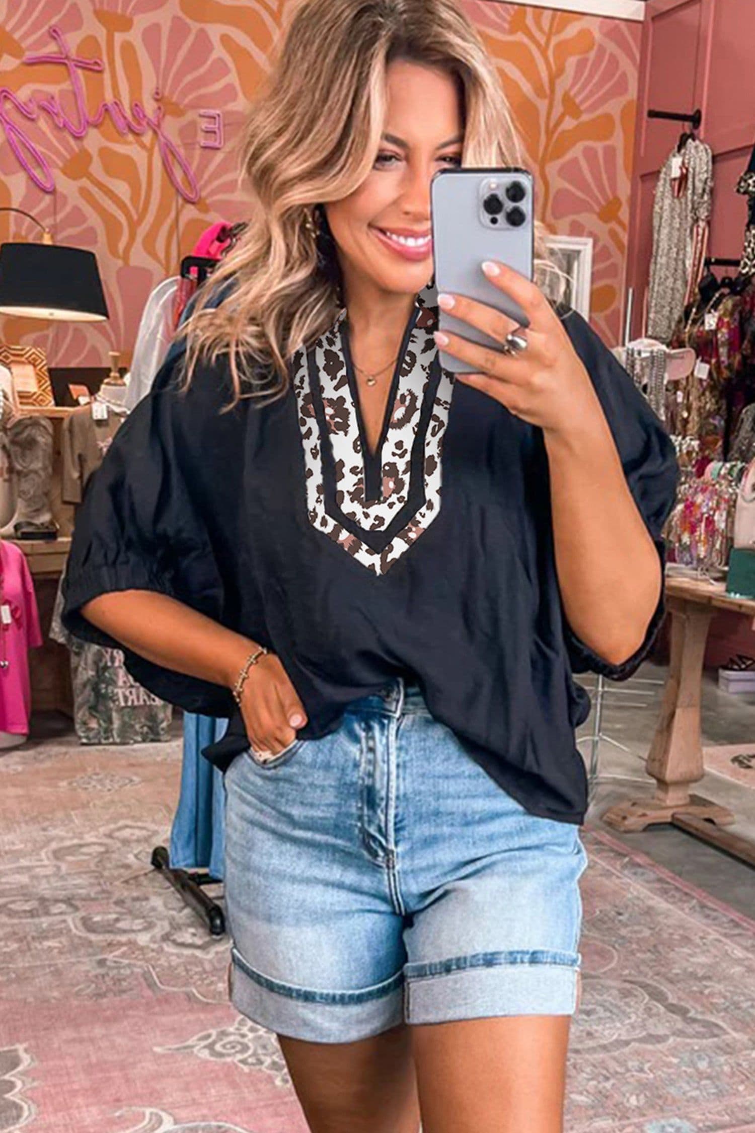 image-Black Dolman Half Sleeve Leopard Patchwork V Neck Blouse