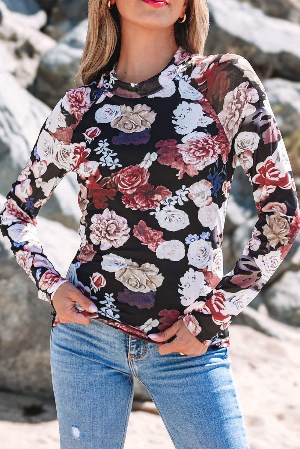 image-Pink Mesh Floral Print Mock Neck Long Sleeve Top