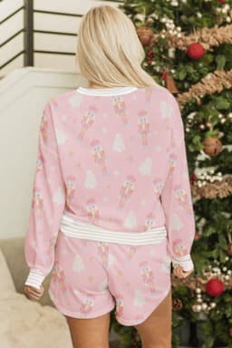image-Pink Christmas Tree Nutcracker Doll Print Contrast Trim Long Sleeve Top Matching Shorts Set