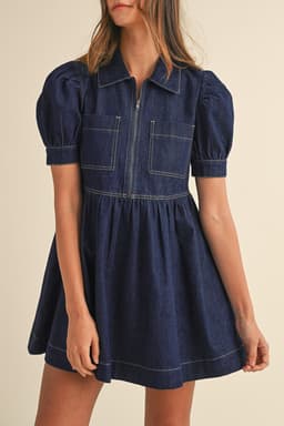 image-Dirty Blue Denim Dress - Collared Puff Sleeve Zip Front