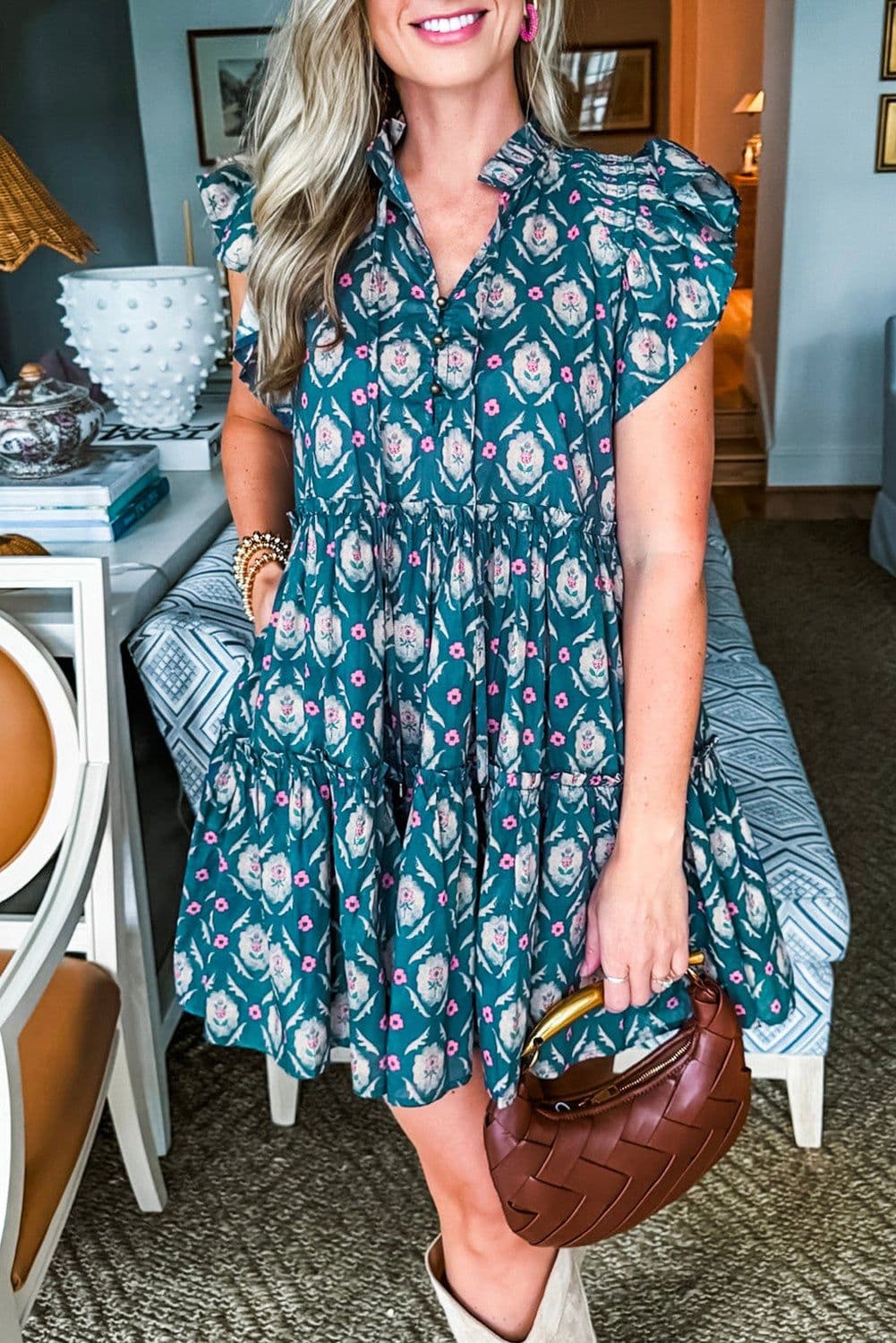 image-Blue Retro Floral Print Split Neck Ruffle Dress
