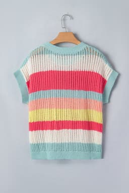 image-Green Stripe Color Block Hollow Out Knit Short Sleeve Sweater