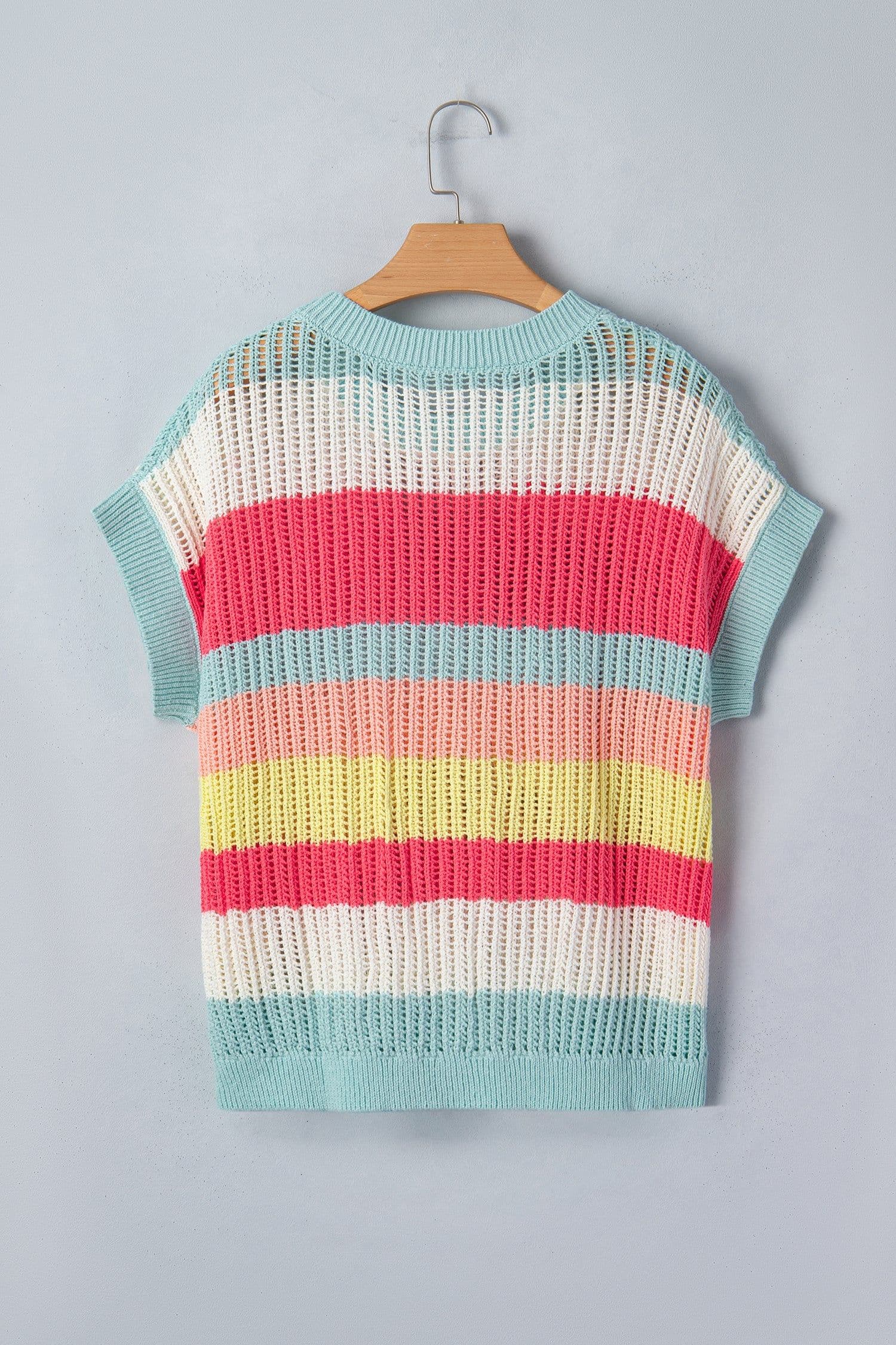 image-Green Stripe Color Block Hollow Out Knit Short Sleeve Sweater