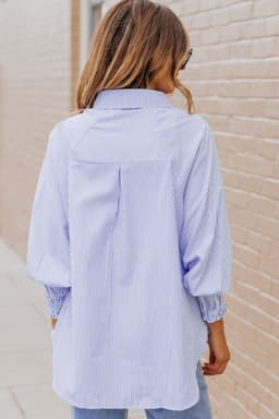 image-Sky Blue Striped Boyfriend Shirt with Pocket - Smocked Cuffs
