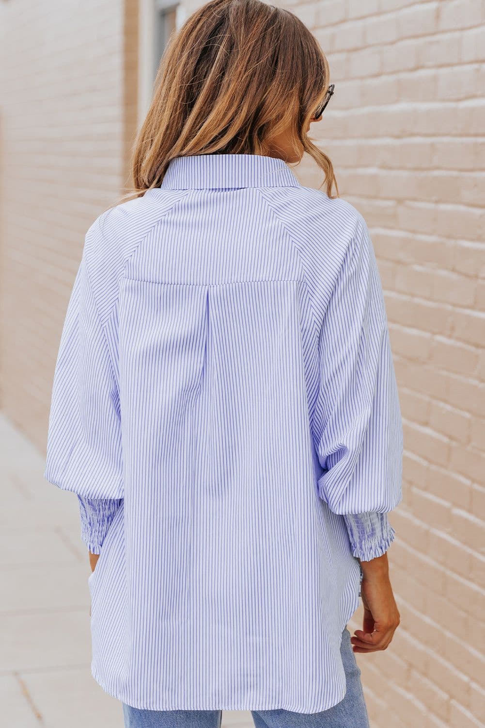 image-Sky Blue Striped Boyfriend Shirt with Pocket - Smocked Cuffs