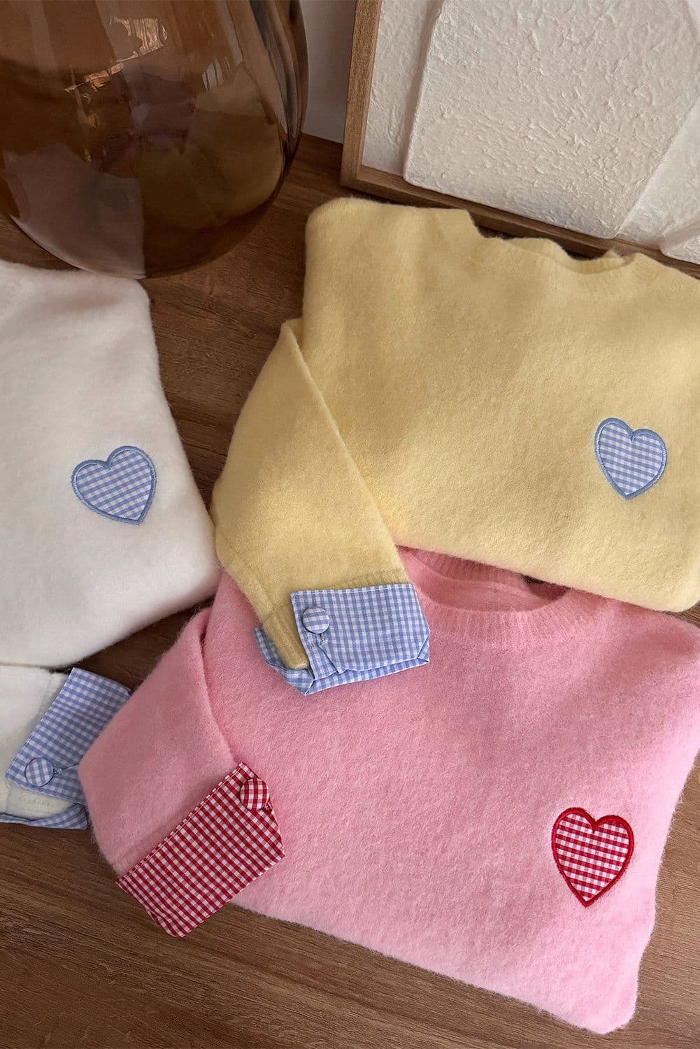 image-White Plaid Heart Embroidered Cuffed Drop Shoulder Crew Neck Sweater