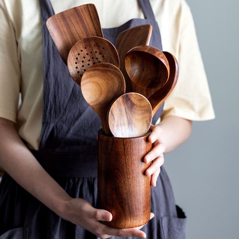 image-Spatula Kitchenware Suit Teak Head Shovel Salad Stir Soup Pasta Spoon Kitchen