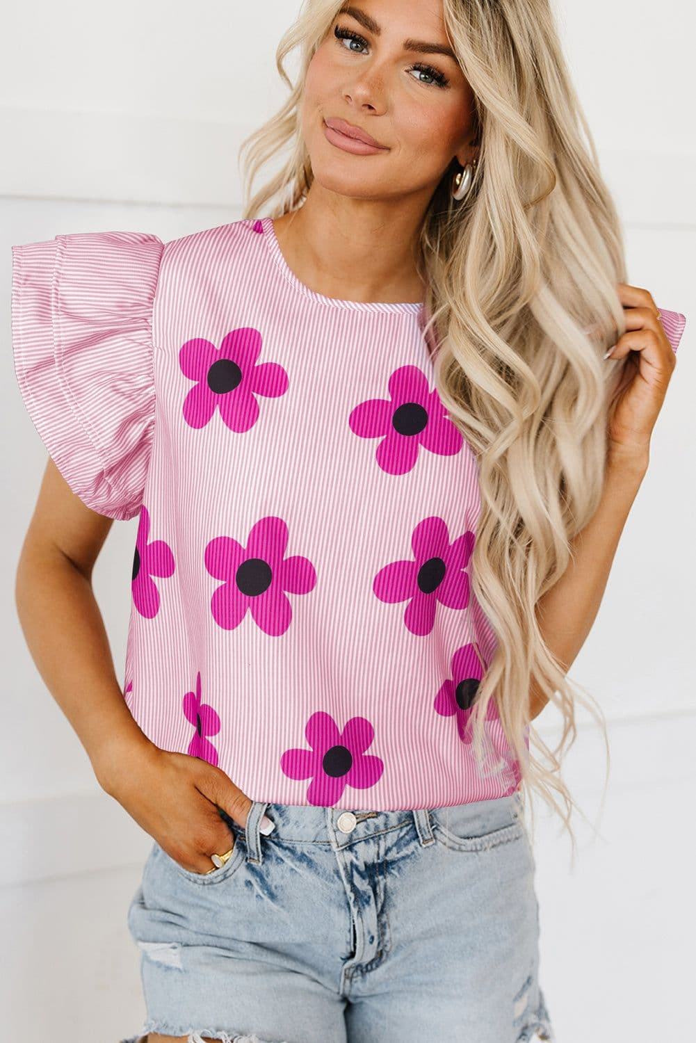 image-Floral Print Ruffled Sleeve Blouse - Pink Pinstripe - Sizes Available