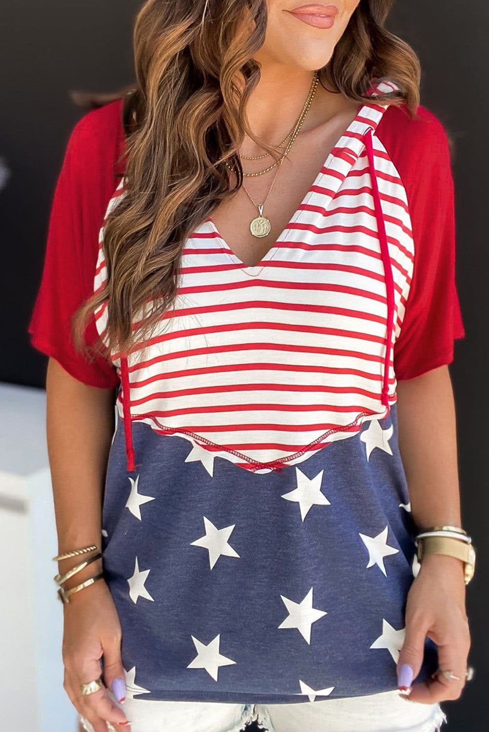 image-Fiery Red Stars and Stripes Drawstring Hooded T-Shirt