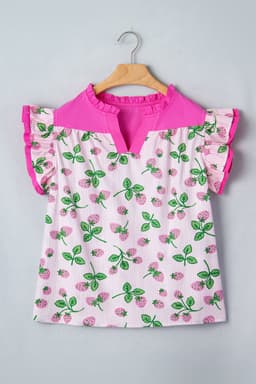 image-Pink Striped Strawberry Blouse - V Neck Flutter Sleeve