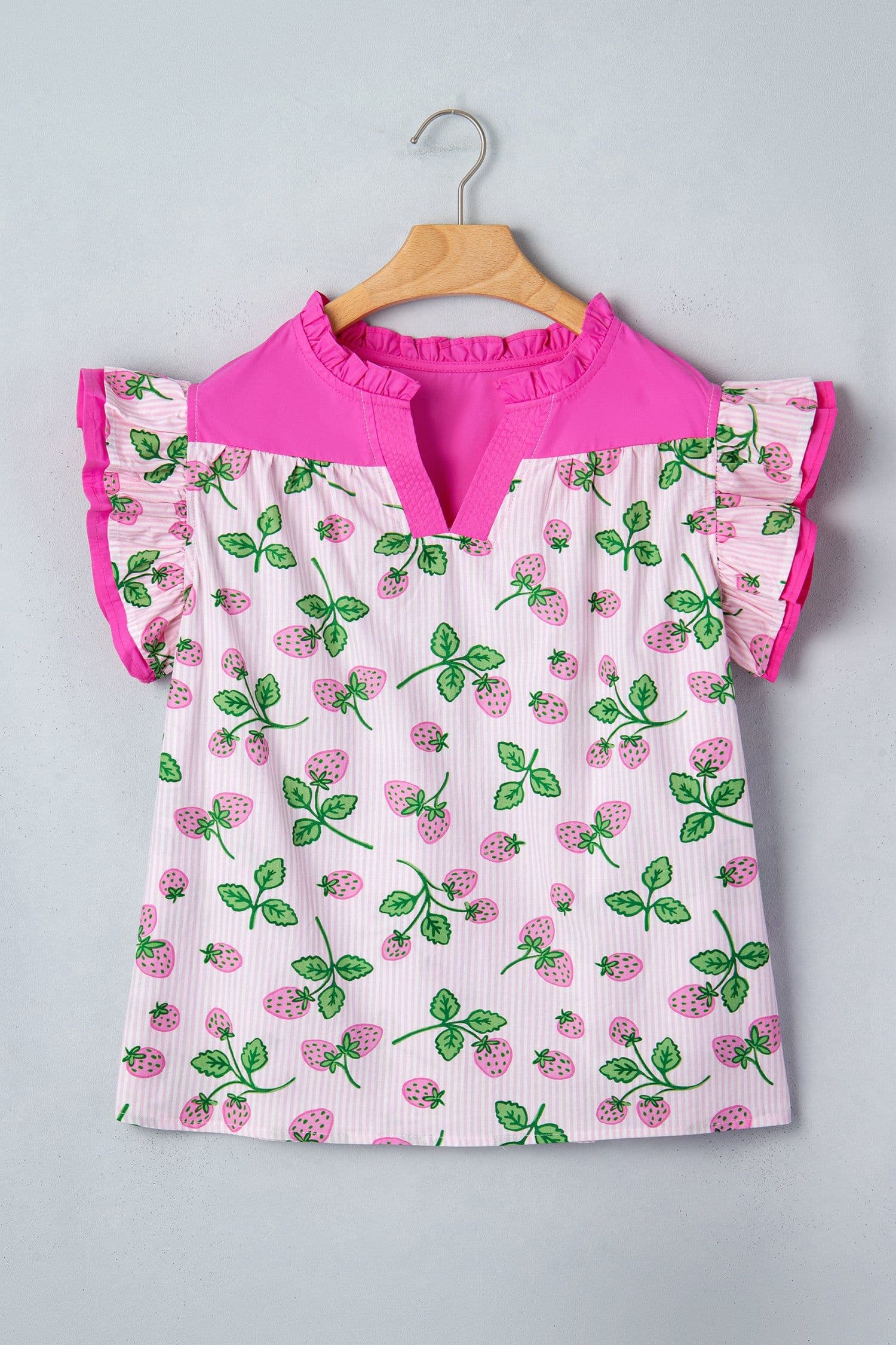 image-Pink Striped Strawberry Blouse - V Neck Flutter Sleeve