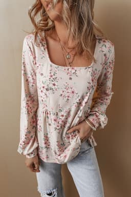 image-Pink Floral Pleated U Neck Loose Fit Blouse