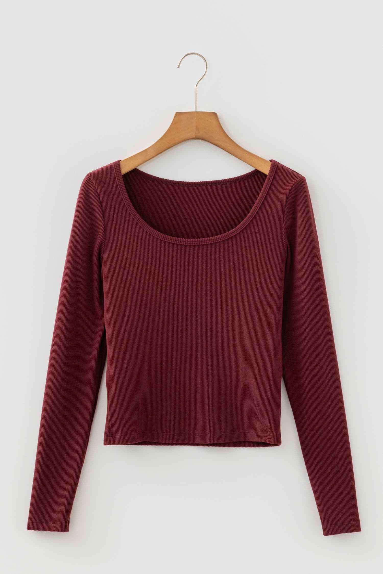 image-Coffee Ribbed U Neck Cropped Long Sleeve Top
