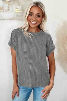 image-Medium Grey Textured Knit T-shirt with Exposed Stitching