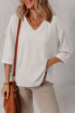image-White 3/4 Sleeve V-Neck Drop Shoulder Top - Casual Solid Color (61 characters)