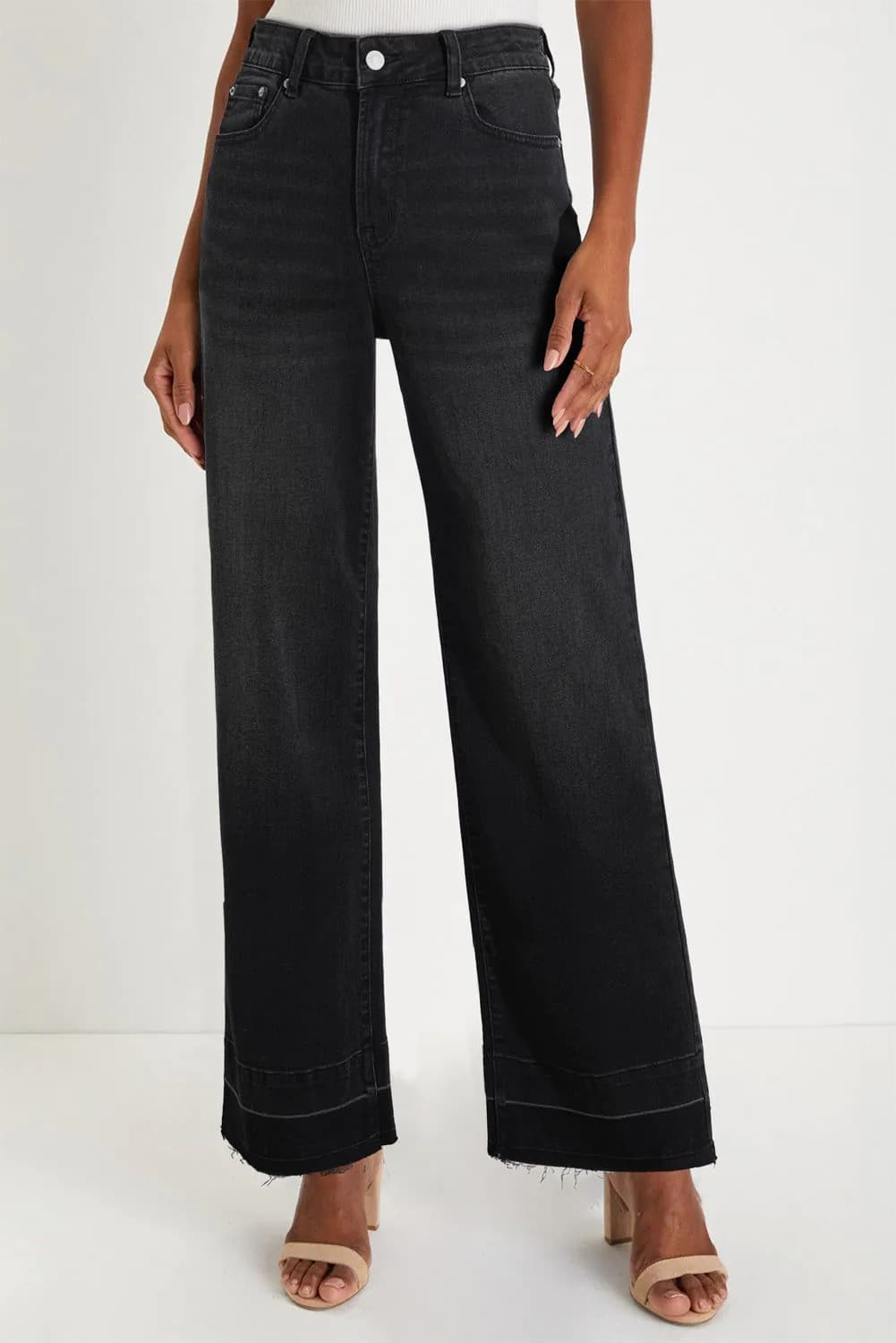 image-Black Raw Hem Unique Cuffs Straight High Rise Loose Jeans