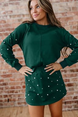 image-Dark Green Pearl Embellished Drop Shoulder Pullover Elastic Waist Mini Skirt Set