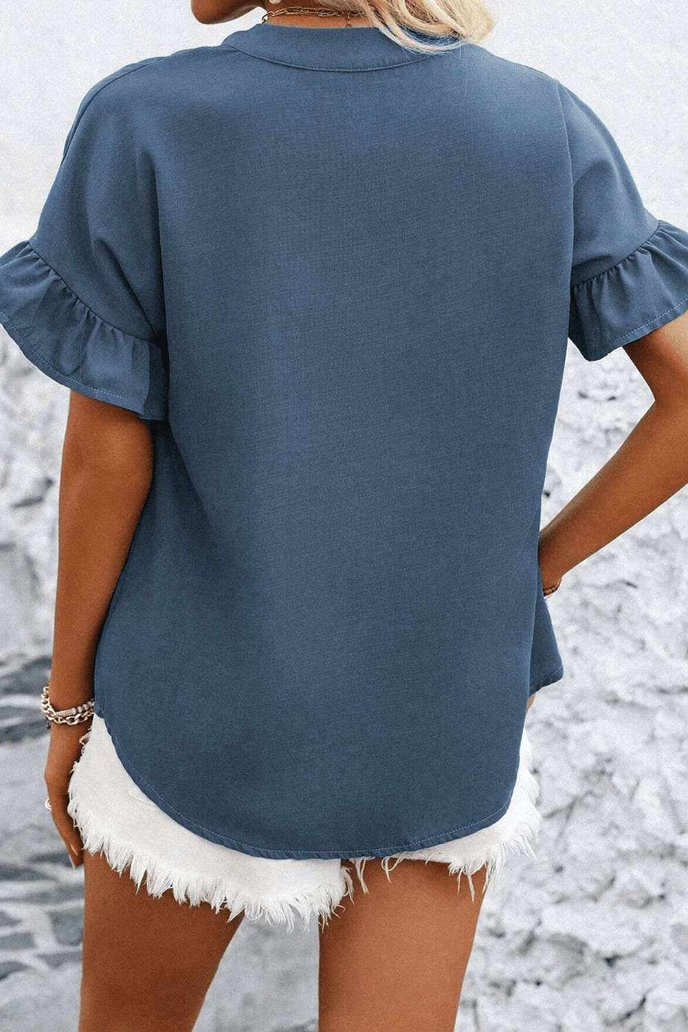 image-Real Teal Ruffle Ruched Buttoned Shirt