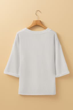 image-White 3/4 Sleeve V-Neck Drop Shoulder Top - Casual Solid Color (61 characters)